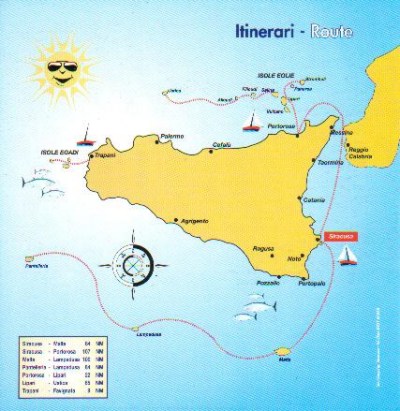 Mappa della Sicilia cone le nostre rotte degli itinerari con le barche a vela